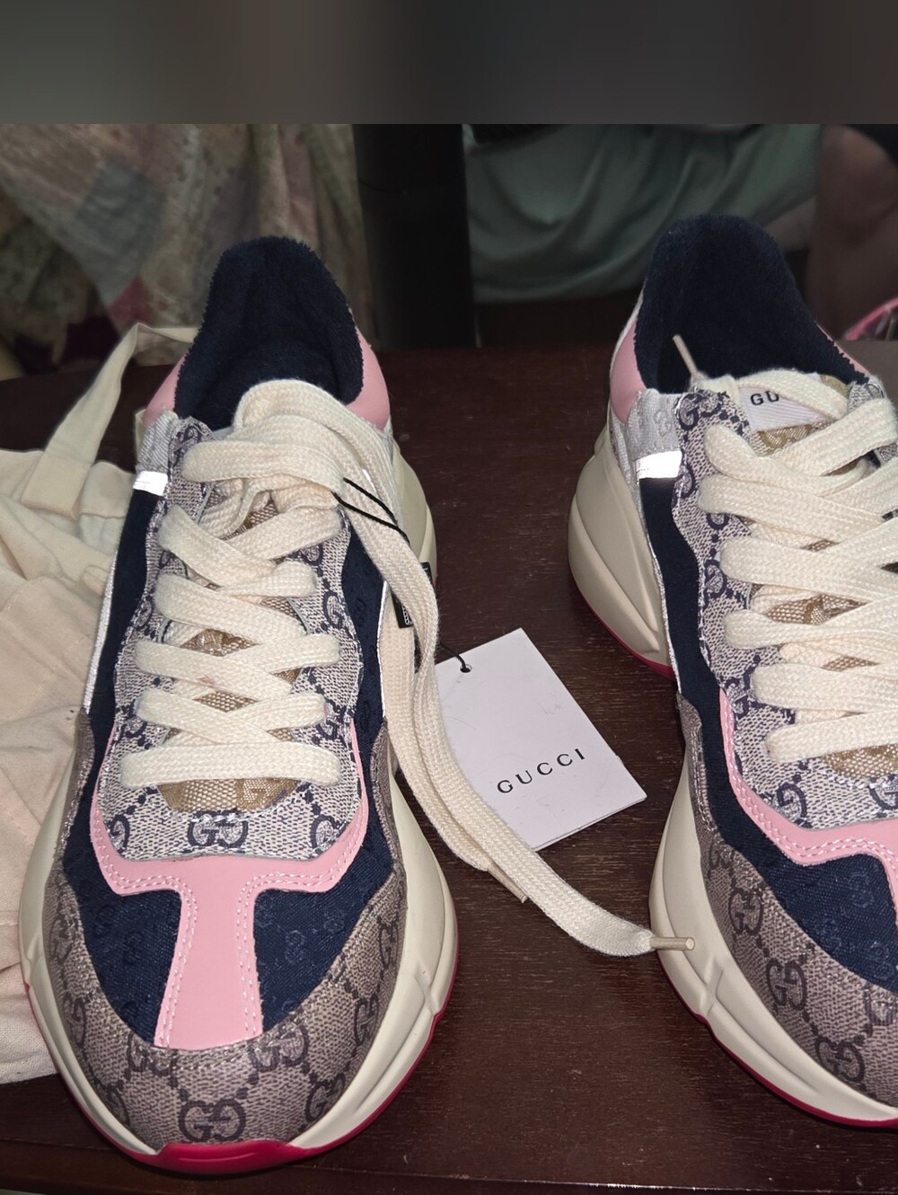 Gucci Beige GG Canvas Sneakers with Pink and Navy Accents
